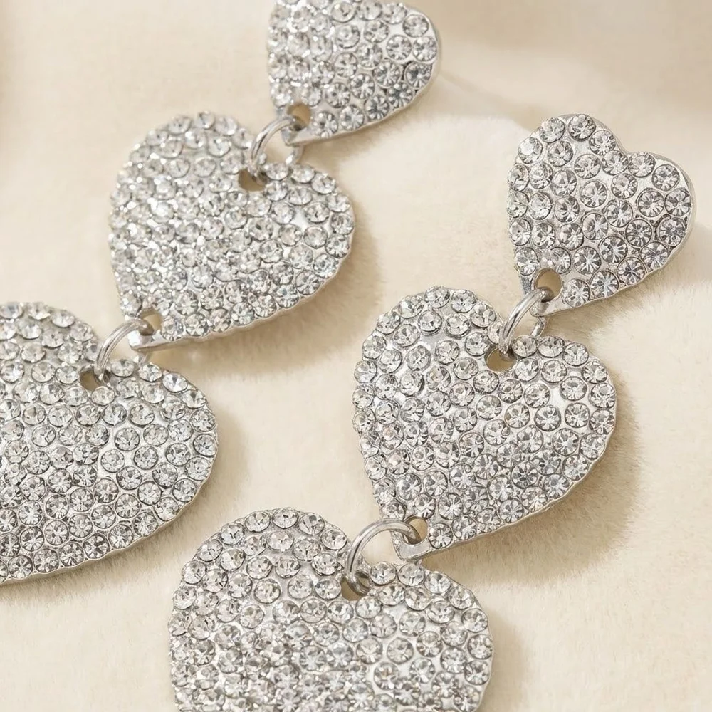 Dangle Silver Rhinestone Triple Heart Earrings